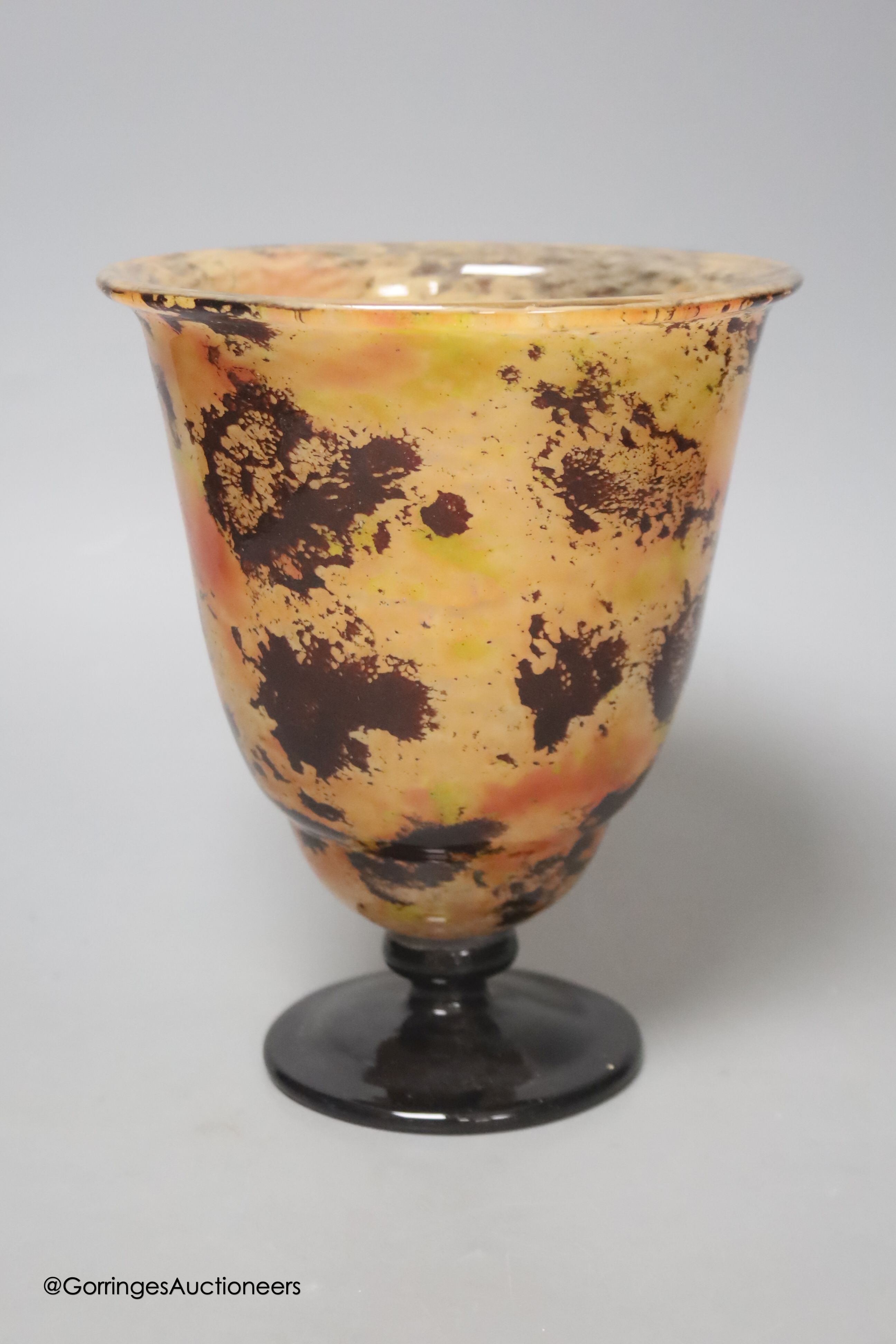 A Schneider multi-coloured pedestal glass vase, signed to base, height 19cm